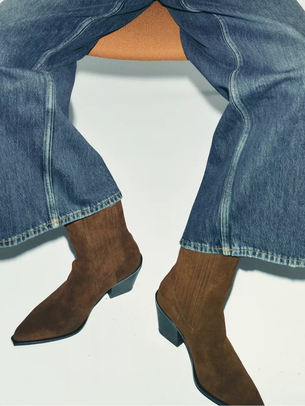 Zara Blue Wide-Leg Jeans with Brown Suede Boots